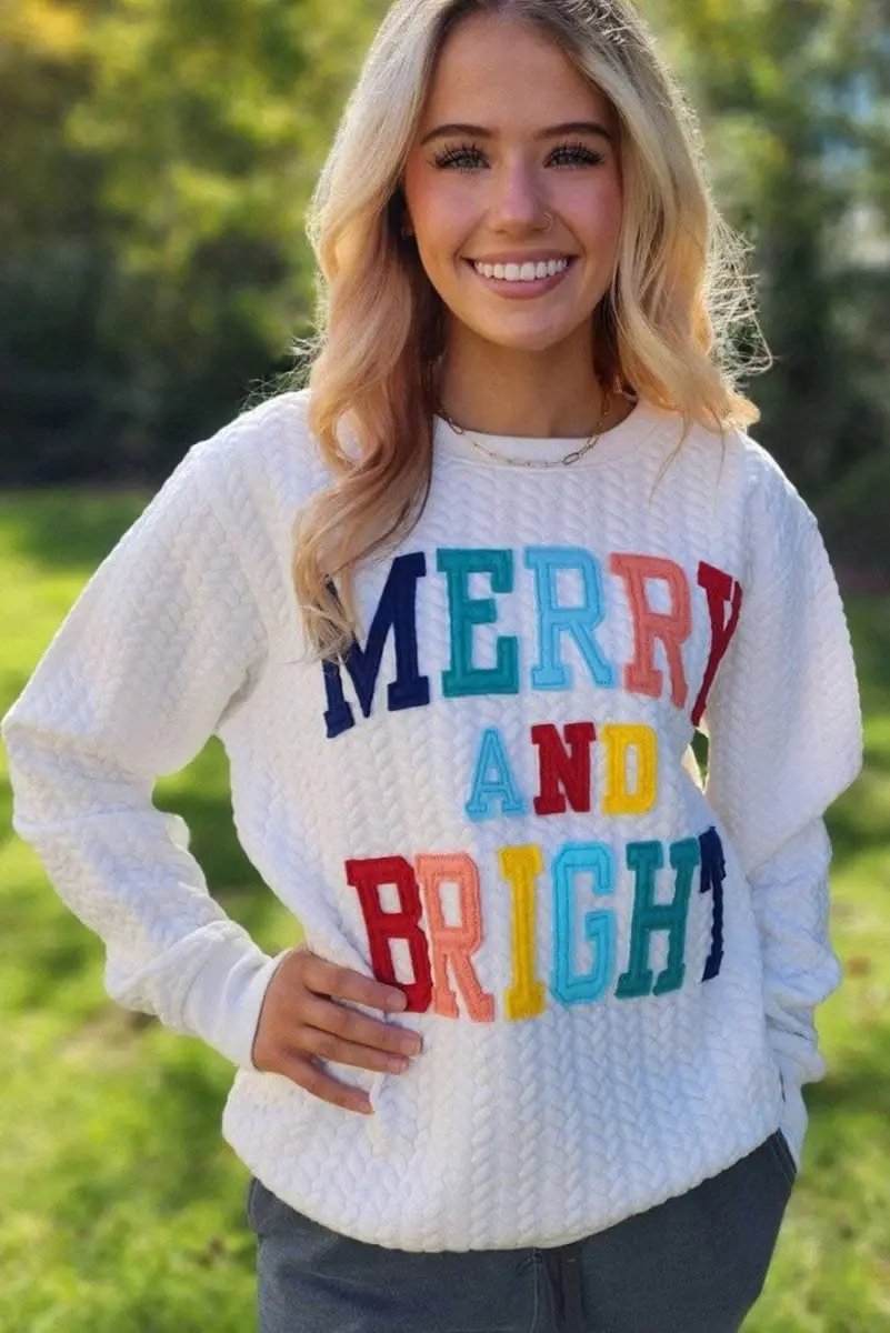 White Merry And Bright Cable Knit Pullover Sweatshirt - Love Salve